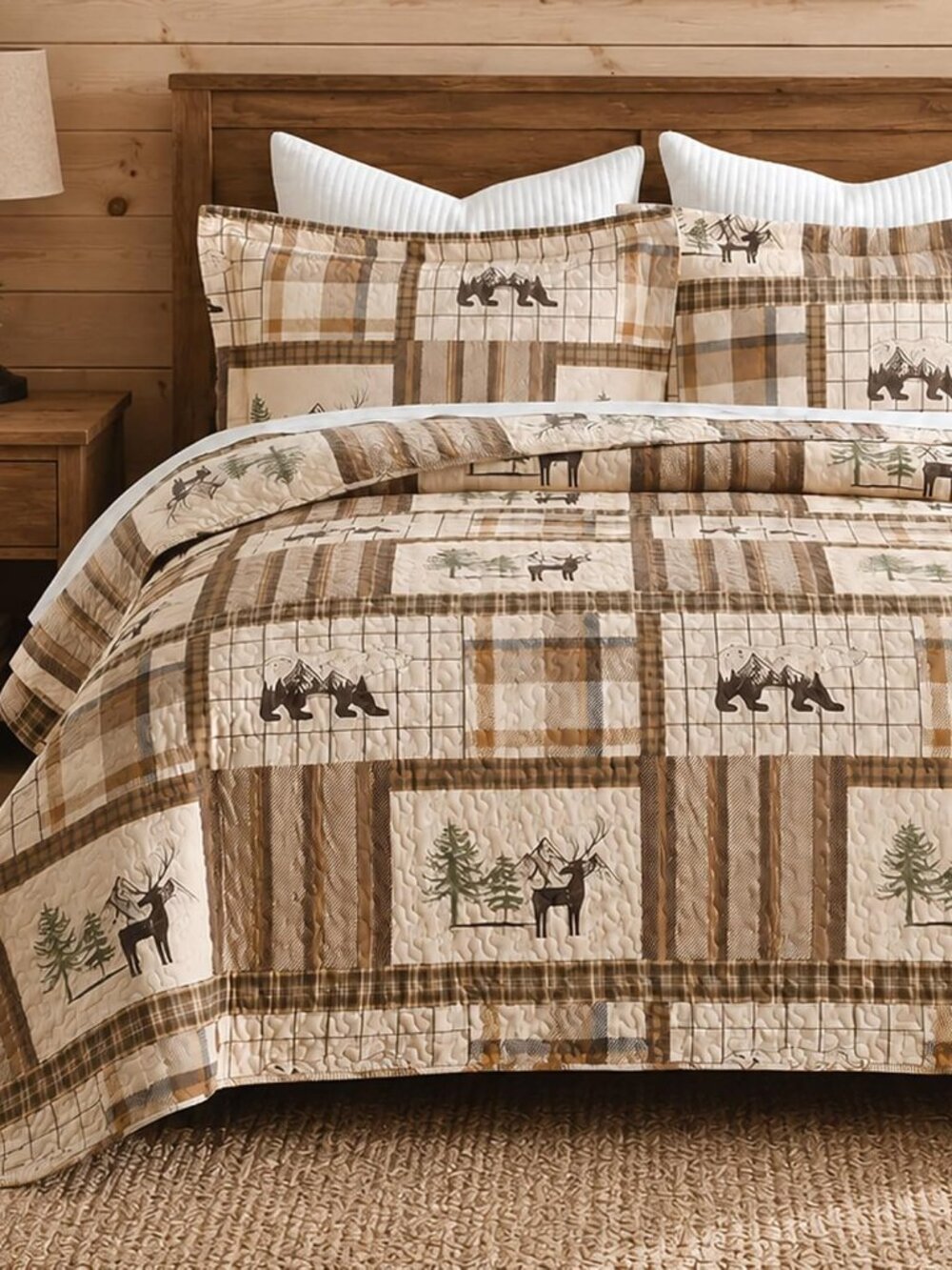 100% Cotton Cabin Queen Quilt Set Lightweight Bear/Light Brown 3Pcs